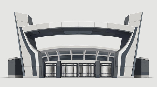 Detailed flat vector illustration of a modern stadium entrance gate structure with turnstiles and security barriers, set against a bright neutral background for sports arena access concepts.