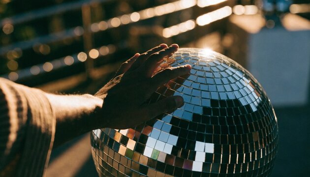 A hand reaches out to touch a shimmering, multifaceted silver disco ball reflecting vibrant light in a dark, atmospheric setting, capturing the essence of nightlife, celebration, and glamour.