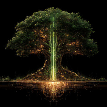 Ancient tree of life with glowing energy core and digital roots, system