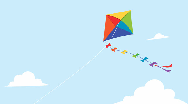 Colorful kite flying high in the strong summer wind against a clear sky, flat vector illustration of outdoor leisure activity and childhood freedom on light background graphic design art.