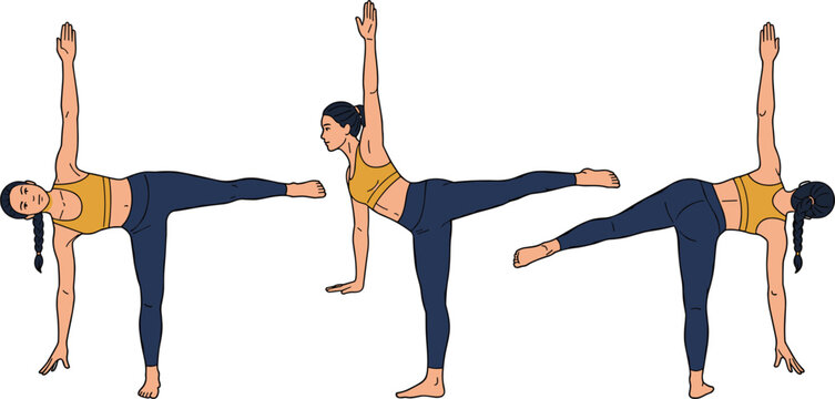 Yoga Woman Practicing Half Moon Pose Ardha Chandrasana Set with Front, Side, and Back View Exercise Vectors for Balance, Flexibility, and Fitness Industry Designs