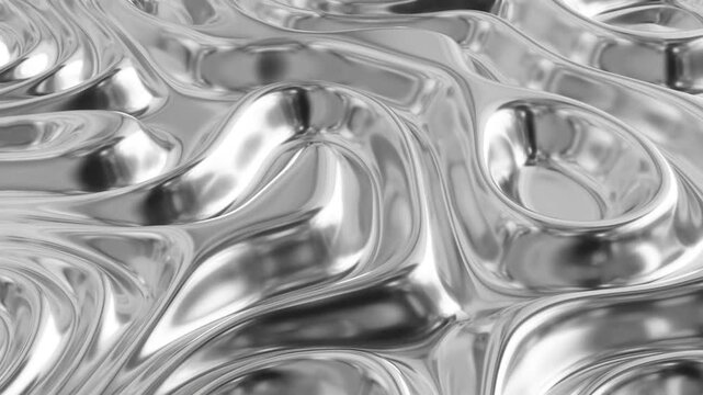 Abstract fluid texture of swirling liquid chrome metal waves with motion light effect. Seamless looping video. 4k psychedelic hypnotic graphics dynamic silver background