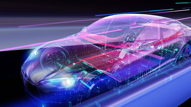 3D render animation of futuristic electric car driving on night road. Seamless looping footage of autonomous EV vehicle blueprint wireframe hologram with digital twin battery technology