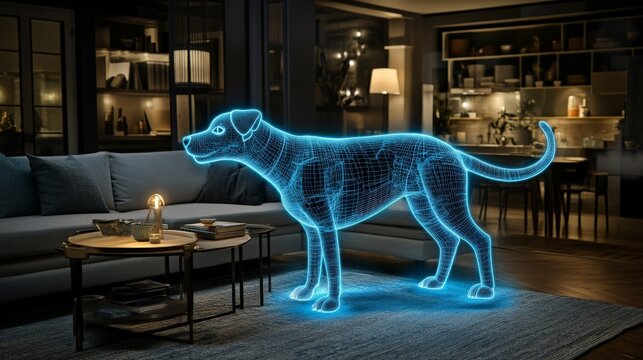 Glowing blue digital wireframe hologram of a dog standing in a modern cozy living room with warm ambient lighting, representing robotic AI pets and future smart home technology.