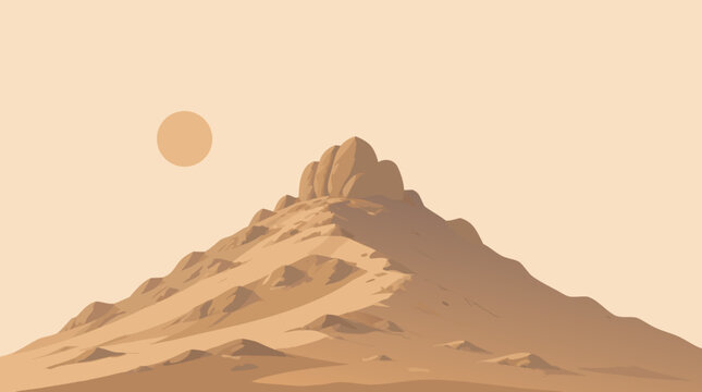Majestic desert mountain peak representing Mount Arafat in Saudi Arabia, serene flat vector illustration of the sacred Islamic landmark for Hajj and Umrah pilgrimage themes on light background.