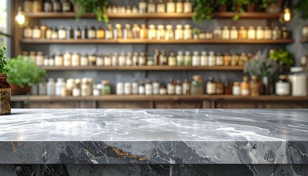 The gray marble counter is empty, with the shelves of a herbal medicine shop serving as a blurred backdrop.