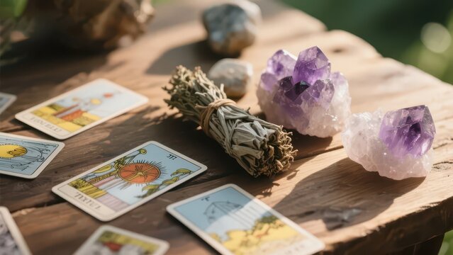 Tarot cards, amethyst cluster and white sage bundle laid on outdoor weathered wood table, natural light mysterious healing divination meditation still life photography material