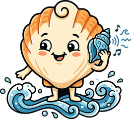 Naklejka premium Cute seashell character listening to a conch shell with seashell character listening illustration anthropomorphic friendly cheerful underwater vacation tropical isolated background