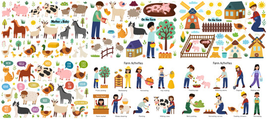Farm life mega bundle with animals, farmers, activities, barn and windmill. Rural countryside clipart collection in flat cartoon style. Vector illustration © juliyas