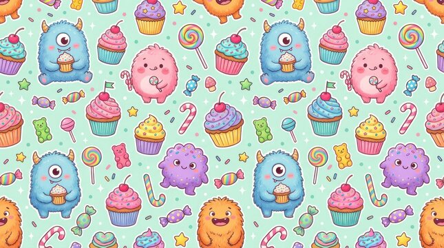 cute cartoon monster pattern with colorful cupcakes and sweet candy
