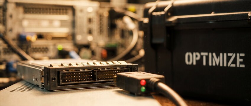 Server hard drive data storage optimization in high-tech data center closeup with professional equipment connectors and diagnostic tools for networking maintenance, database recovery, and IT support