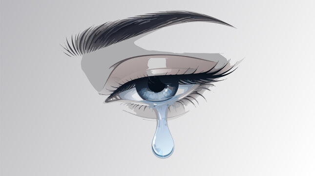 An abstract crying eye shedding a single large blue teardrop representing sadness grief empathy and emotional pain in a modern minimalist flat vector illustration on a clean light background.