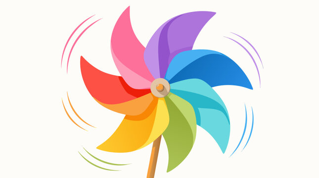 Vibrant and colorful spinning paper pinwheel toy with multi colored blades, flat vector illustration of a classic wind vane toy capturing childhood joy, outdoor play, and renewable energy ideas.