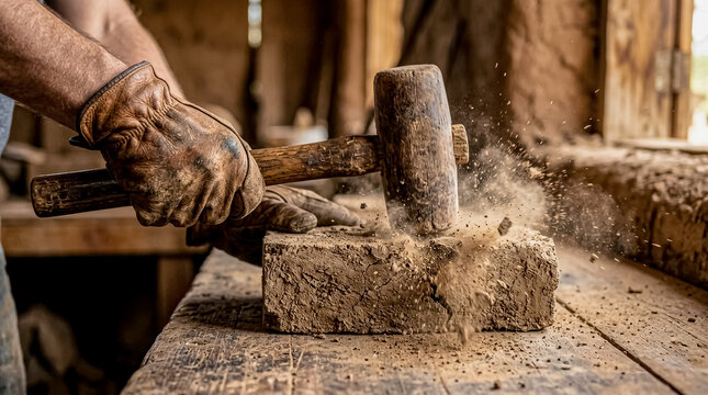 A craftsman in protective gloves strikes a glowing hot metal block with a hammer on a sturdy anvil in a rustic workshop setting.
