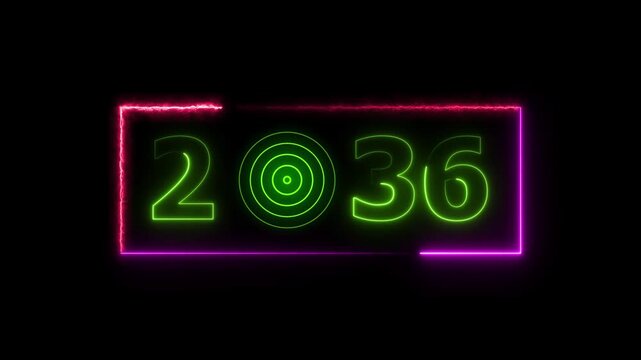 36 years neon bright number text radio wave red color animation. New year celebration number. Black background 4k video.