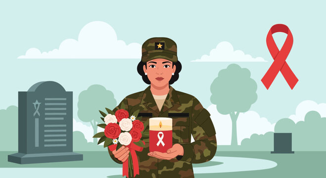 A Soldier Holding a Remembrance Candle and Flowers in a Peaceful Outdoor Setting