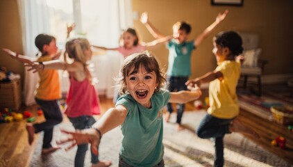 Fototapeta premium Young players dancing in a circle one childs expressive face crisp and clear surrounded by softly blurred peers and cozy indoor setting emphasizing energetic fun inside.