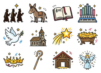 Obraz premium Christmas Nativity symbols with wise men donkey dove church organ song and angel in a manger scene