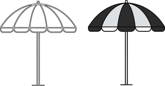 Beach umbrella illustrations in outline and colored versions.