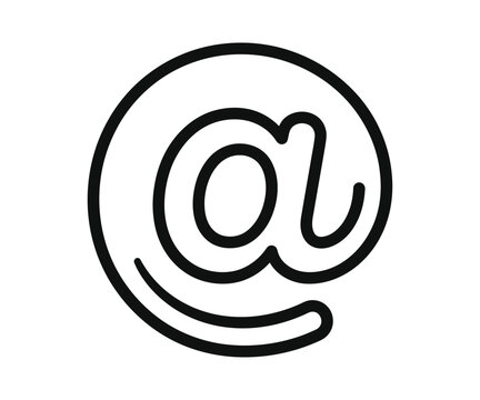 Black line drawing of at sign symbol on white background