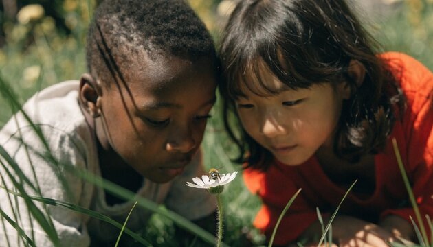 Two children from different backgrounds lean close to inspect a tiny bee on a white wildflower in tall grass, sharing a quiet outdoor moment of curiosity, discovery, nature, and childhood wonder