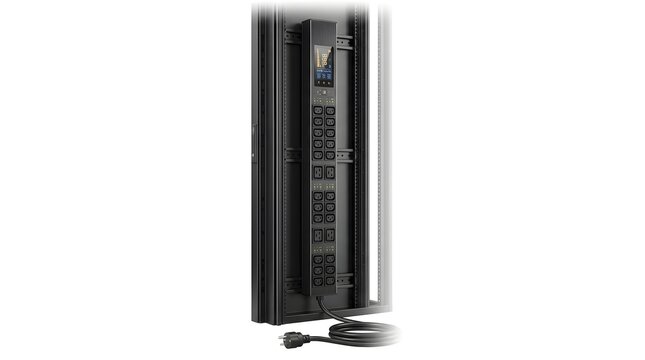 Vertical server rack power distribution unit (PDU) with digital LCD display and multiple outlets isolated on white background for data center hardware infrastructure management.