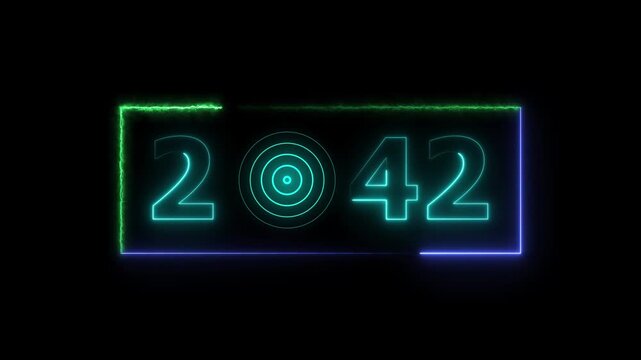 42 years neon bright number text radio wave red color animation. New year celebration number. Black background 4k video.