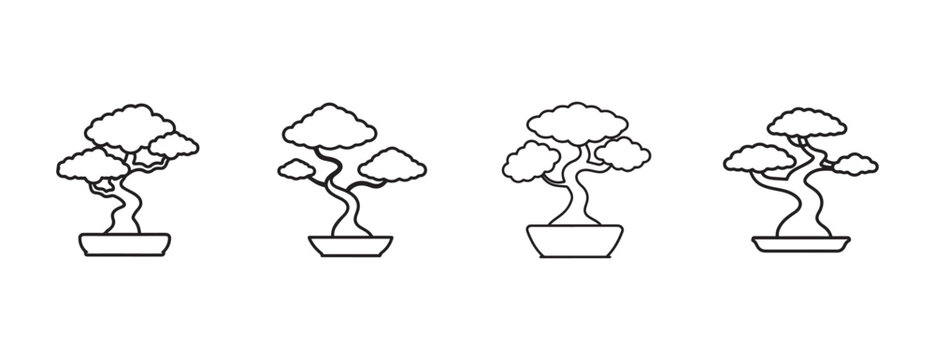 Line drawing of four bonsai trees in pots with different shapes and sizes  simple black and white illustrations of bonsai trees in various styles