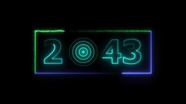 43 years neon bright number text radio wave red color animation. New year celebration number. Black background 4k video.