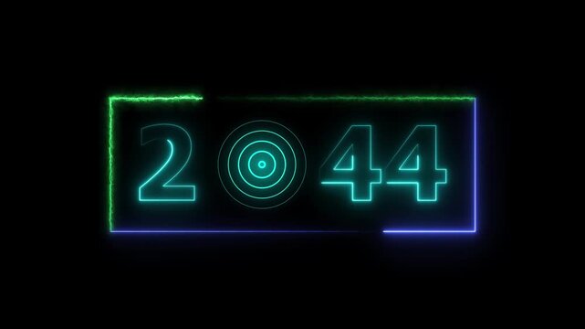 44 years neon bright number text radio wave red color animation. New year celebration number. Black background 4k video.