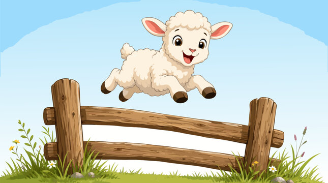 Joyful little lamb jumping over a rustic wooden fence in a meadow, charming flat vector illustration of a cute baby sheep playing outdoors, animal character design for farm or children concept.