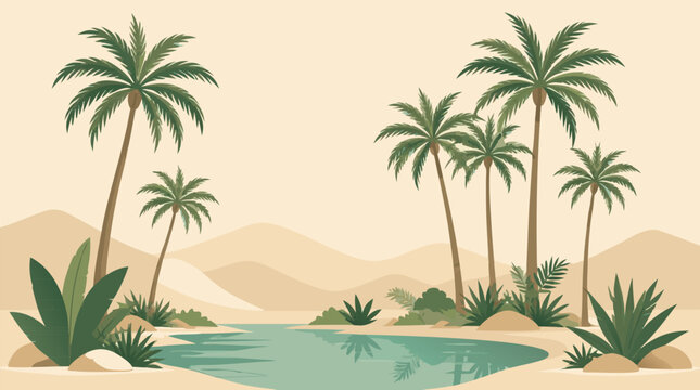 Abstract desert oasis landscape with tall green palm trees and blue water pond, minimalist flat vector illustration of a tropical paradise in the middle of sand dunes for travel design.