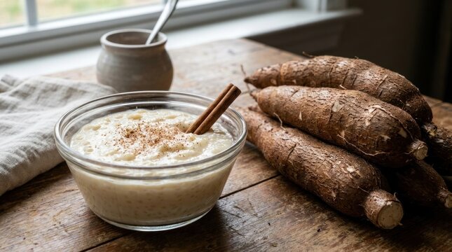 homemade tapioca pudding with fresh cassava roots on wooden table