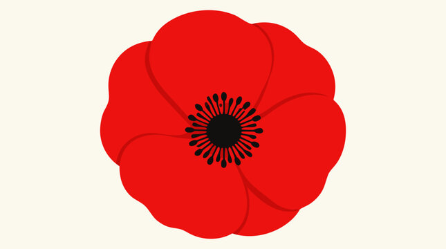 Single Bright Red Poppy Flower Bloom for Remembrance Day Commemoration Flat Vector Illustration Symbolizing Honor Peace and Memory of Veterans on a Minimalist Clean White Isolated Background