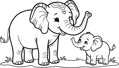 Naklejka premium Cute cartoon mother elephant and baby elephant standing on grass, coloring page for kids