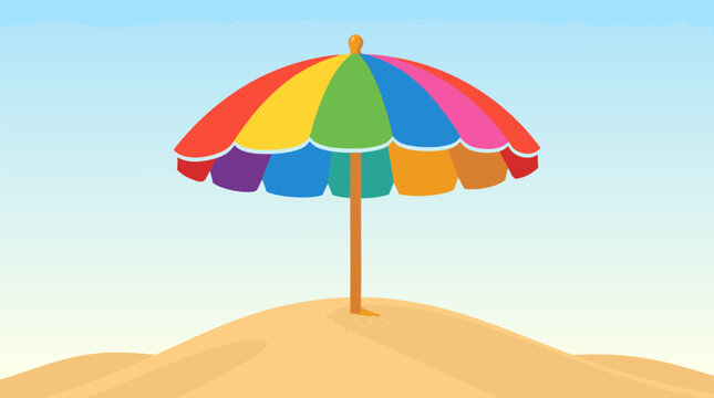 Vibrant multi-colored beach umbrella stuck in soft golden sand on a sunny summer day, flat vector illustration of tropical vacation leisure, minimalist seaside scene with bright parasol and sun.