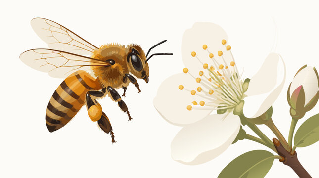 Detailed Honey Bee Flying Near a Vibrant Blooming Flower in a Modern Flat Vector Illustration Style, Isolated on a Clean Light Background for Spring Nature Design and Biodiversity Concepts