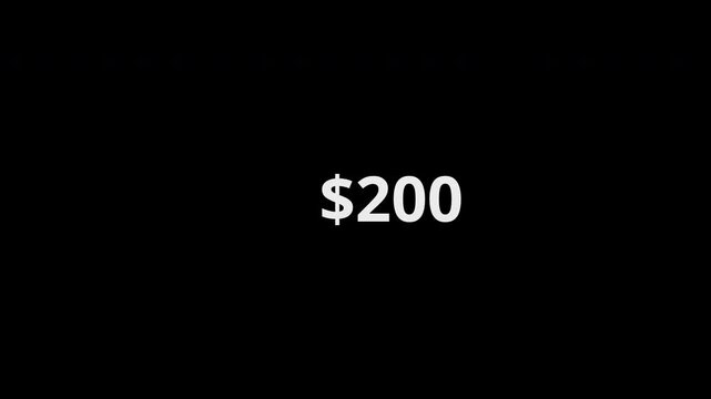 Increasing number dollars money animation from 0 to 400 on transparent background with alpha channel in 4K VIDEO.