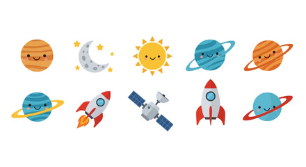 Space exploration icons with cute planets and rockets © farel
