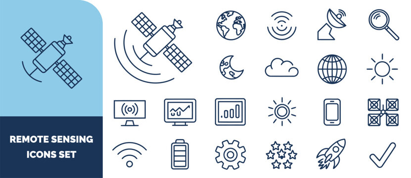 Remote sensing and space technology set, featuring satellite, earth, rocket, radar, and data analysis symbols in outline style