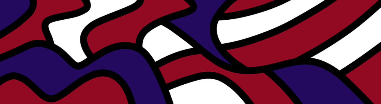 Abstract banner with bold fluid waves and psychedelic organic patterns in maroon, navy blue, white, and black borders.
