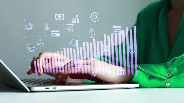 Digital data analysis on laptop with icons and graphs displayed in background during business meeting.
