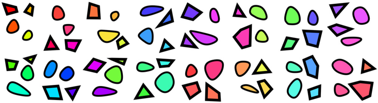 Colorful geometric seamless pattern with random triangles and polygons on white.