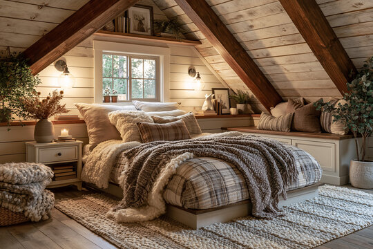 Attic bedroom with slanted ceiling, bedside lamp, muted beige and brown tones