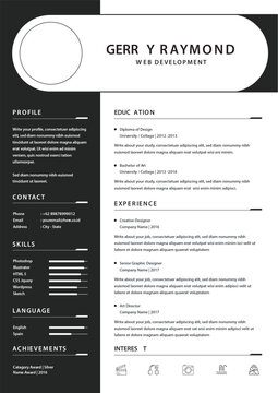 Professional web developer resume template with skills sections and experience details in modern design layout
