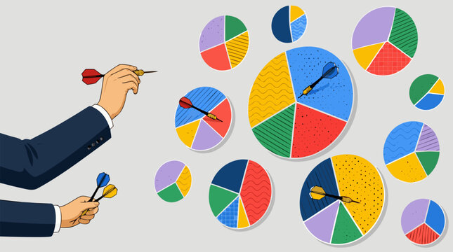 Faceless Investor Throwing Darts at Financial Pie Chart Target Board Flat Vector Illustration Representing Risky Investment Strategy Portfolio Diversification and Business Speculation Concepts