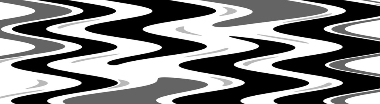 Monochromatic abstract pattern with horizontal zig-zag wavy stripes in black, white, and grey tones.