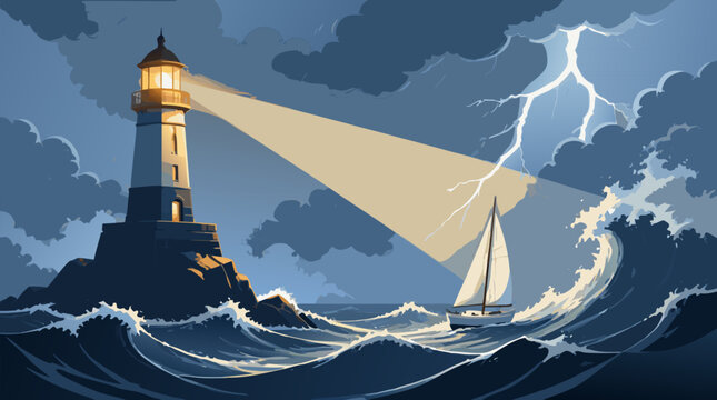 Majestic Lighthouse Beam Guiding a Small Boat Through a Turbulent Stormy Sea with High Waves, Flat Vector Illustration of Hope and Maritime Safety in Rough Ocean Waters Under a Dark Cloudy Sky.