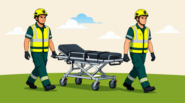 Professional Medical Stretcher Being Carried by Paramedics Across a Bright Green Sports Pitch, Flat Vector Illustration Depicting Emergency First Aid Response During a Football Match Event or Injury.