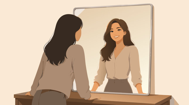 Inspiring flat vector illustration of a faceless person looking into a mirror and seeing a confident happy reflection, symbolizing self-esteem, inner strength, and positive self-perception.
